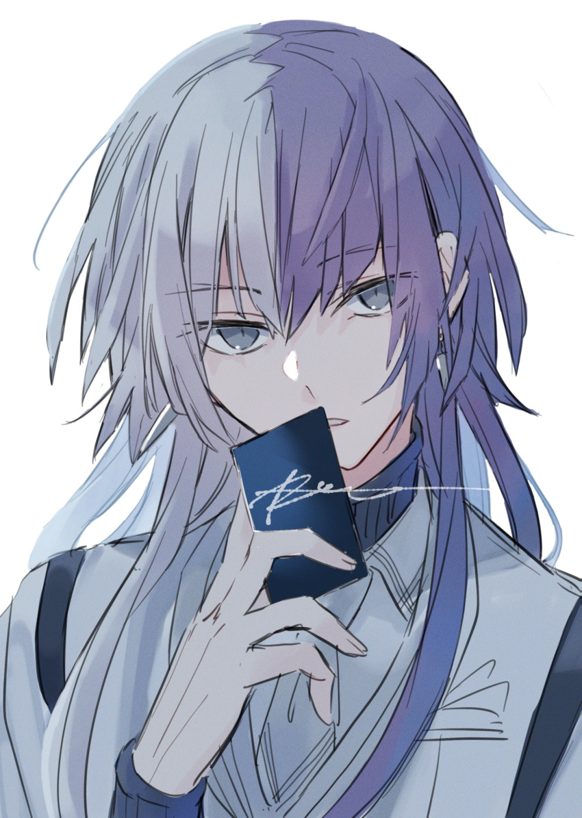 1boy, absurdres, alternate_bangs, bungou_stray_dogs, card, collared_shirt, earrings, grey_eyes