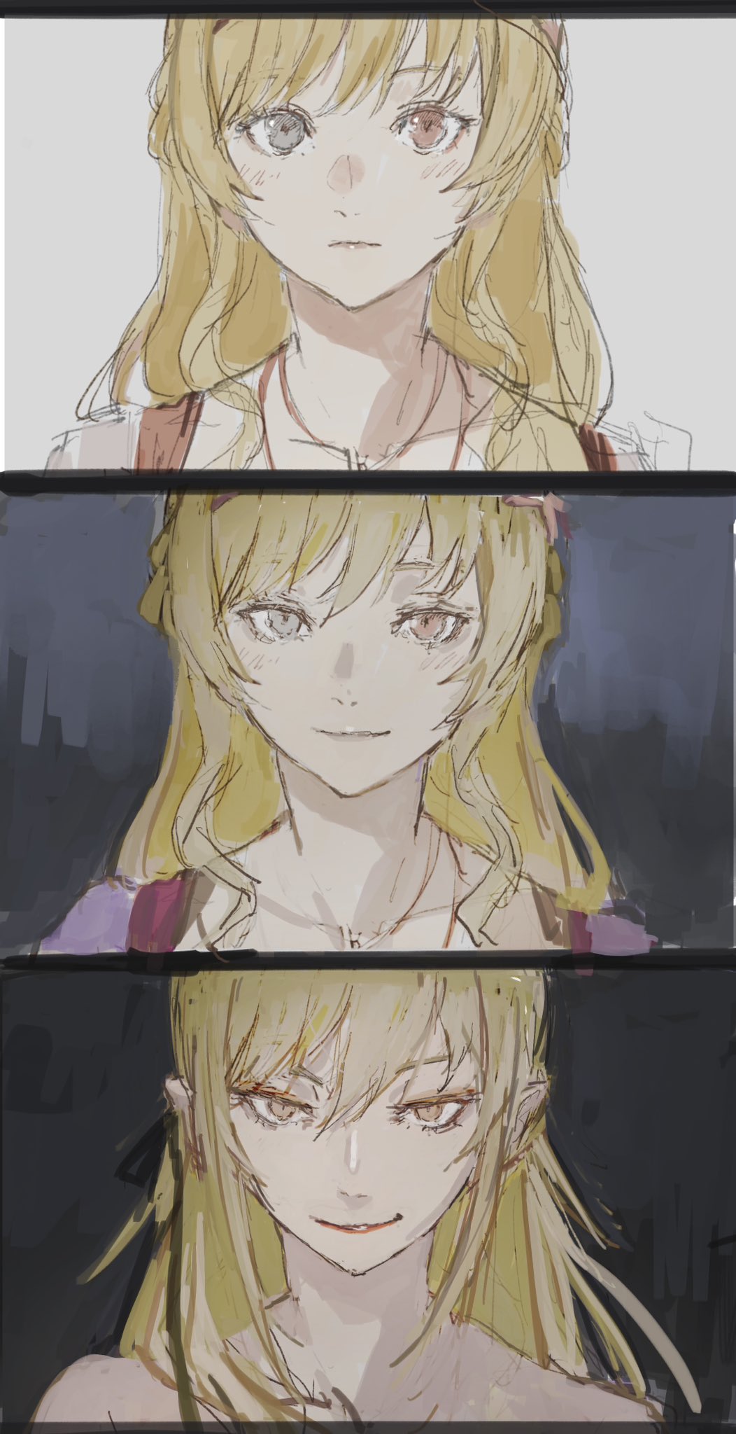 1girl, bare_shoulders, blonde_hair, collarbone, dress, flower, grey_eyes, hair_flower