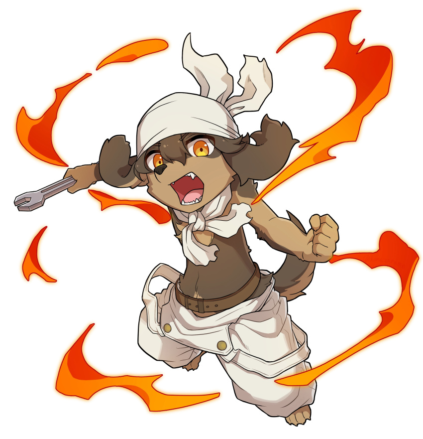 1boy, absurdres, animal_ears, bandana, barefoot, belt, brown_belt, claws