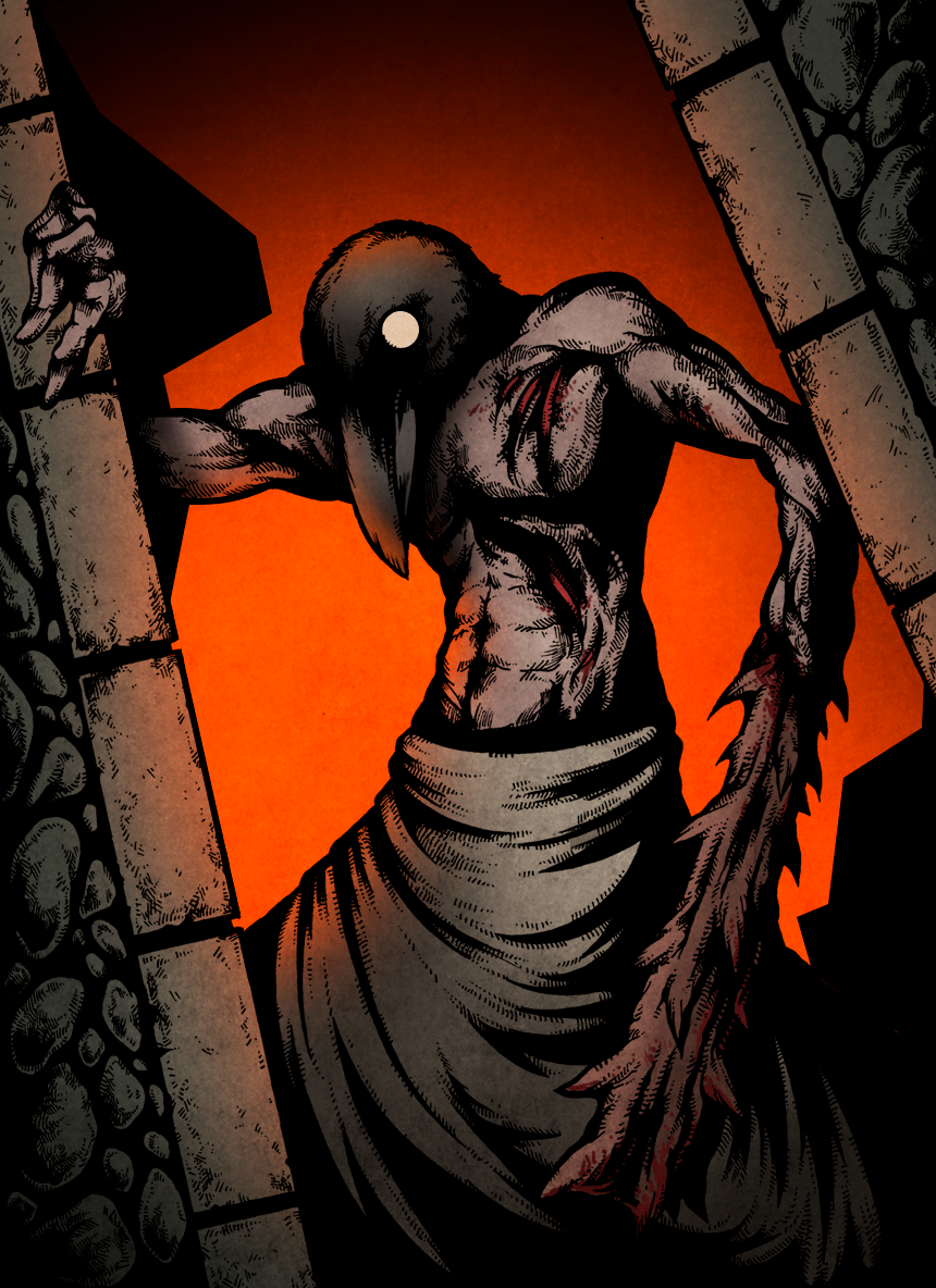 1boy, bird_boy, brown_skirt, commentary, crow_mauler, fear_&amp;_hunger_(series), fear_&amp;_hunger_1, hand_on_wall