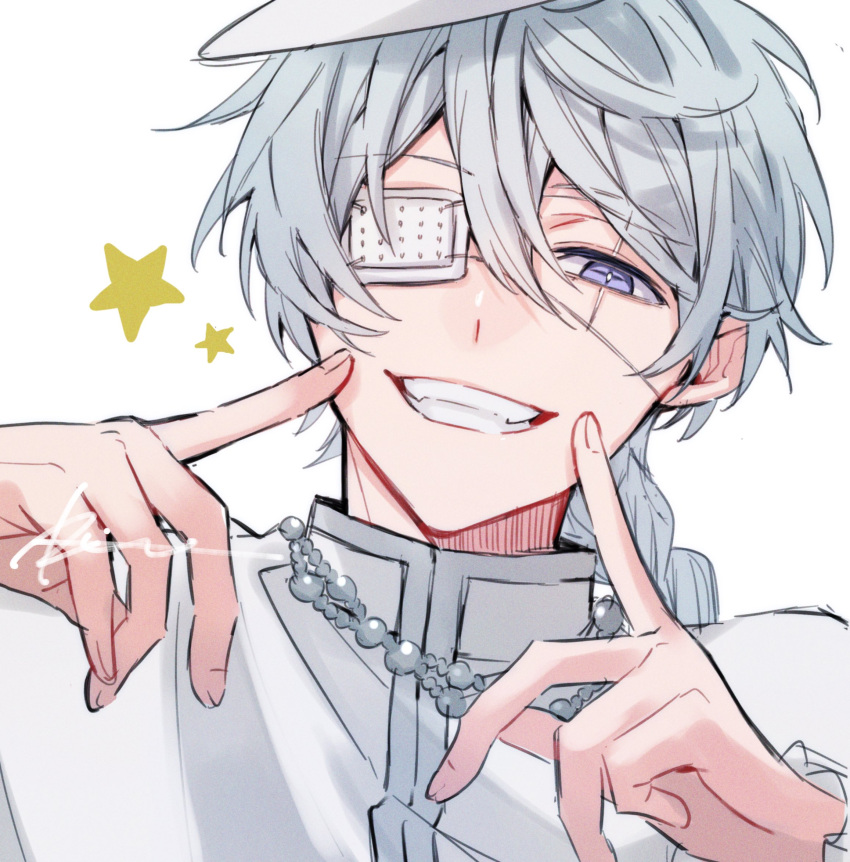 1boy, braid, bungou_stray_dogs, commentary_request, eyepatch, fingers_to_cheeks, grey_hair, grin, hair_between_eyes, hands_up, hat, highres, jacket, jewelry, long_sleeves, looking_at_viewer, male_focus, necklace, nikolai_gogol_(bungou_stray_dogs), portrait, r1kuuw, scar, scar_across_eye, signature, simple_background, single_braid, smile, solo, star_(symbol), teeth, violet_eyes, white_background, white_hat, white_jacket
