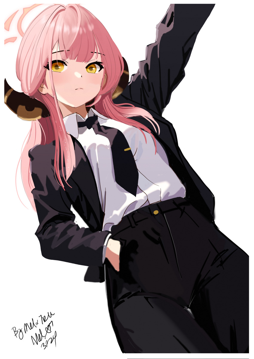 1girl, :|, absurdres, arm_up, artist_name, aru_(blue_archive), black_jacket, black_necktie