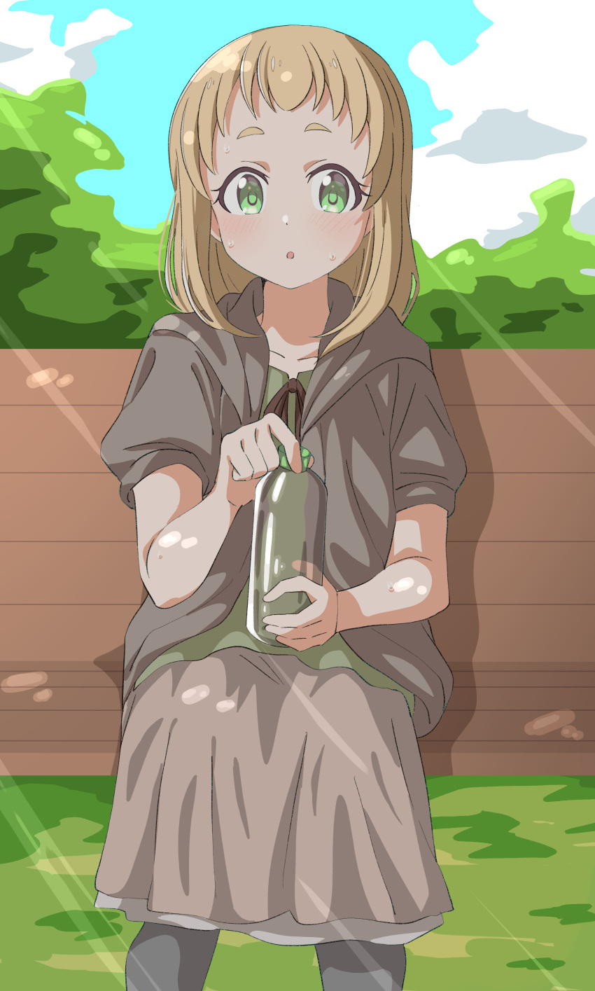 1girl, :o, absurdres, black_pantyhose, blonde_hair, blush, bottle, brown_jacket