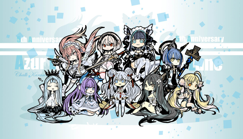 6+girls, :3, ahoge, anniversary, azur_lane, black_hair, blonde_hair, champagne_(azur_lane)