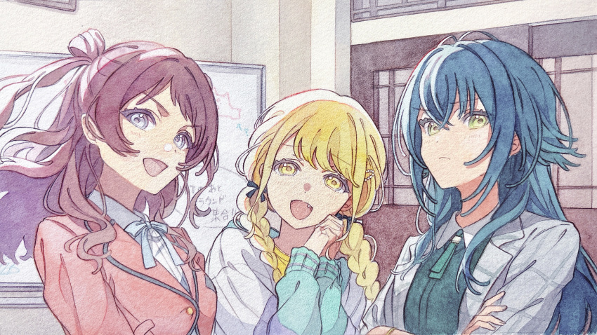 3girls, antenna_hair, black_ribbon, blonde_hair, blue_hair, blue_ribbon, braid, brown_hair