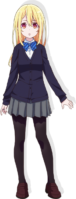 1girl, amane_lily, arm_at_side, black_pantyhose, blonde_hair, blue_bow, blue_bowtie, blue_cardigan