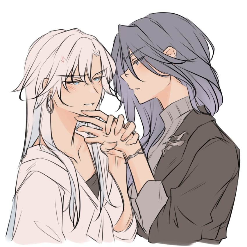2girls, black_jacket, blue_eyes, commentary, earrings, english_commentary, grey_eyes, grey_hair, grey_sweater, hair_over_shoulder, highres, holding_hands, iris_wen, jacket, jewelry, long_hair, love_curse:_find_your_soulmate, multiple_girls, sweater, victoria_qi, white_hair, yurenn
