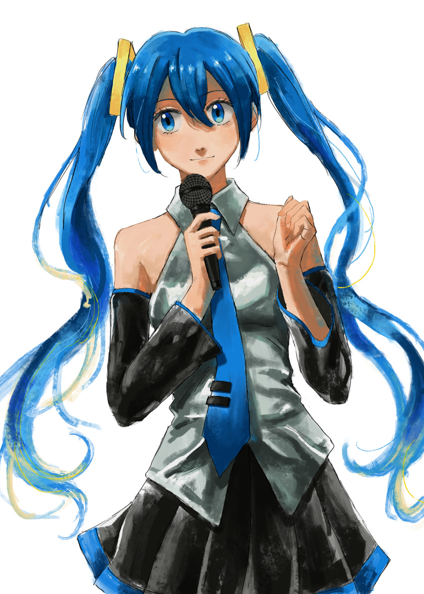 1girl, absurdres, black_skirt, blue_eyes, blue_hair, blue_necktie, breasts, detached_sleeves, ebat0ke1, hair_between_eyes, hands_up, hatsune_miku, highres, holding, holding_microphone, long_hair, microphone, necktie, shirt, skirt, small_breasts, solo, twintails, very_long_hair, vocaloid, white_background, white_shirt