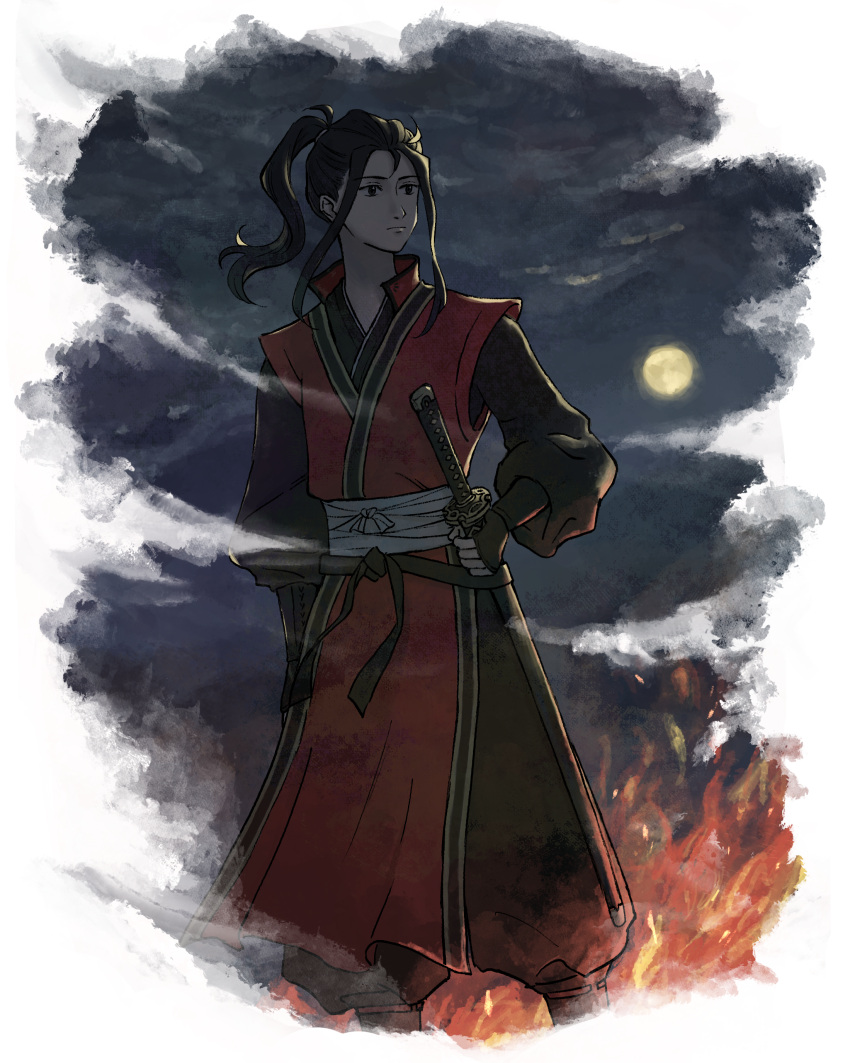 1boy, absurdres, black_eyes, black_gloves, black_hair, ebat0ke1, fingerless_gloves, fire, full_moon, gloves, highres, hikari_ku, japanese_clothes, kimono, long_hair, long_sleeves, male_focus, moon, night, night_sky, octopath_traveler, outdoors, ponytail, sheath, sheathed, sky, solo, standing