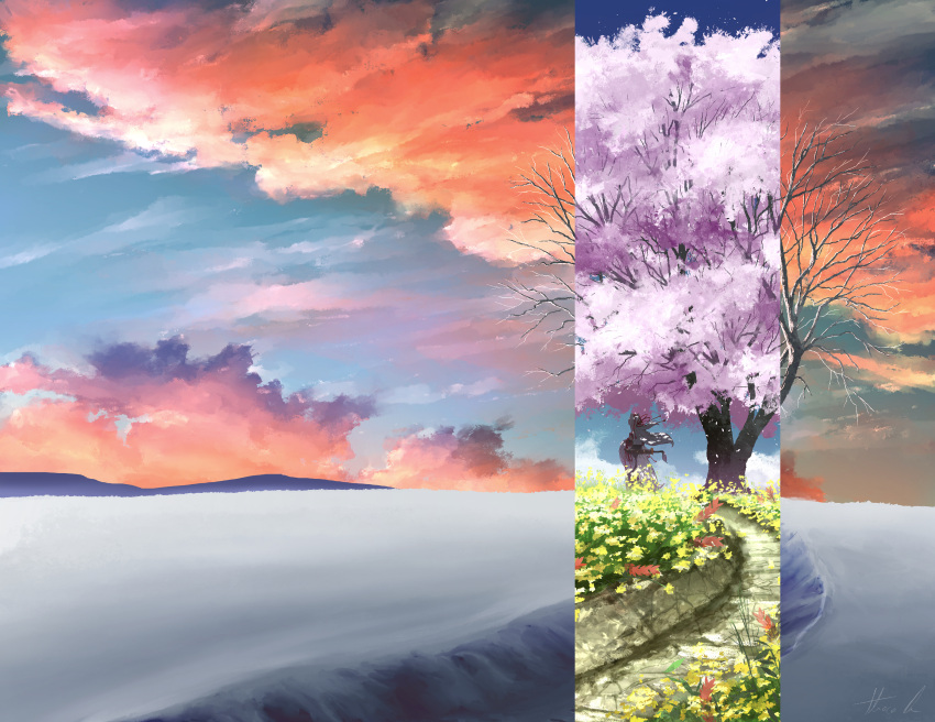 1girl, absurdres, alternate_hairstyle, animal_ears, bare_tree, black_skirt, blue_sky, cherry_blossoms