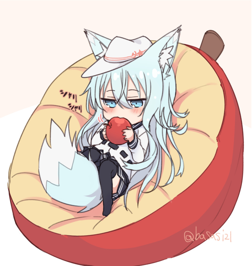 1girl, animal_ear_fluff, animal_ears, apple, black_sailor_collar, black_skirt, black_thighhighs, blue_eyes