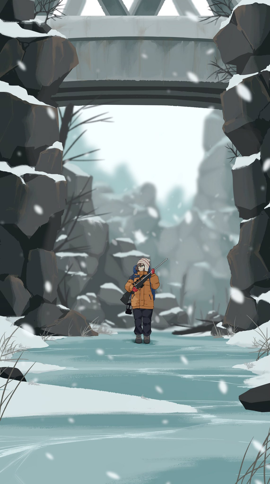 1girl, backpack, bag, bare_tree, beanie, black_pants, blue_bag, blurry