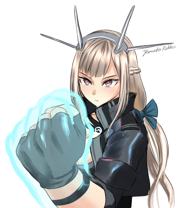 1girl, azur_lane, cosplay, energy_fist, headgear, historical_name_connection, kantai_collection, maryland_(azur_lane), maryland_(azur_lane)_(cosplay), maryland_(kancolle), maryland_(retrofit)_(azur_lane), name_connection, one-hour_drawing_challenge, one-punch_man, rekka_yamato, simple_background, upper_body, white_background