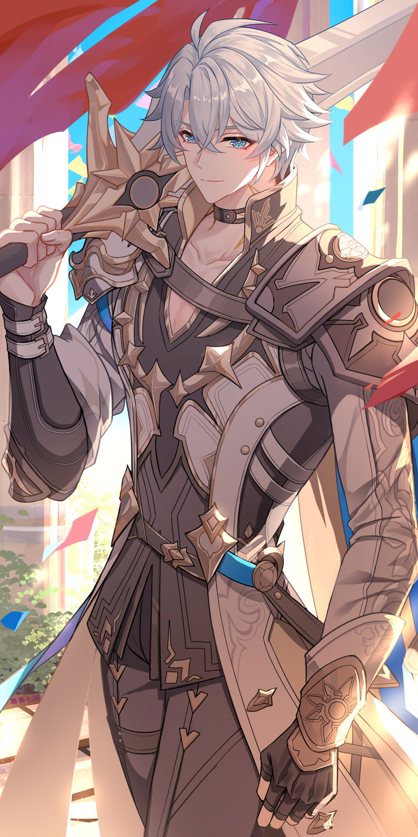 1boy, 7-river, absurdres, antenna_hair, armor, belt_collar, black_pants, black_shirt