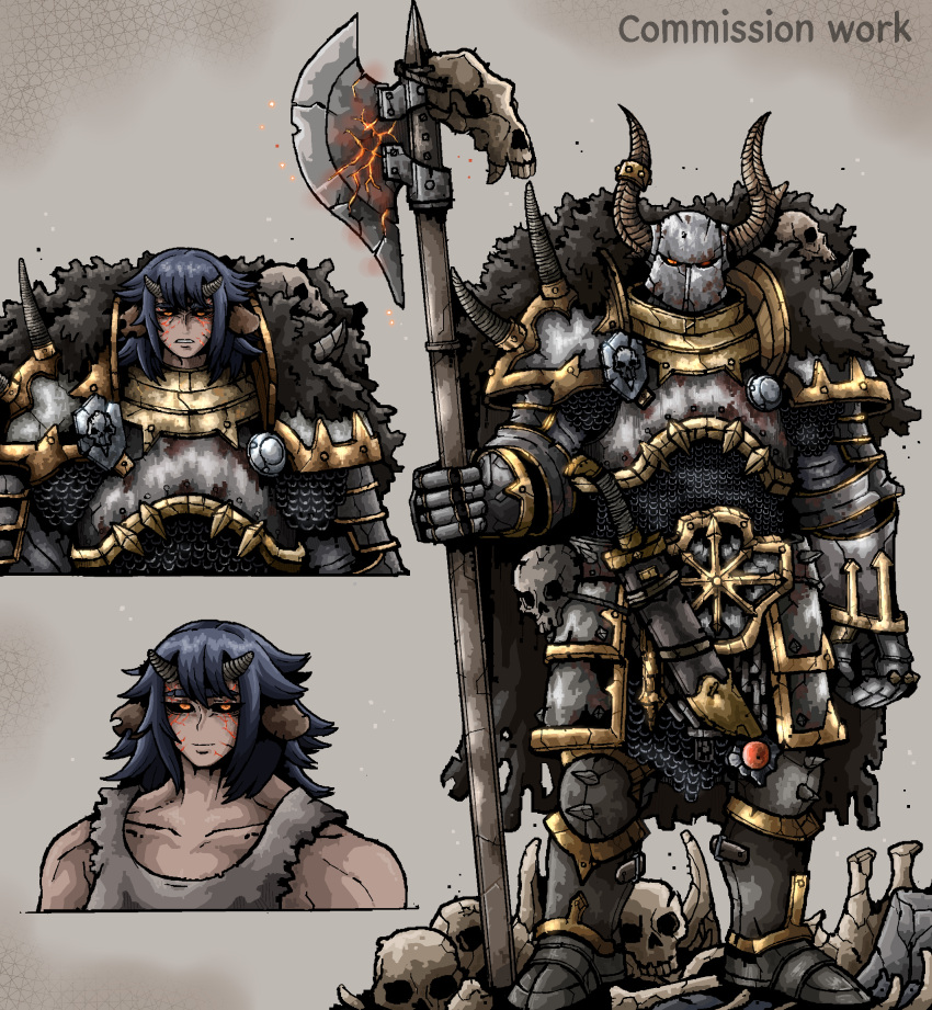 1other, armor, black_sclera, blue_hair, breastplate, chainmail, chaos_(warhammer), cloak, colored_sclera, commission, corruption, dark_skin, eight-pointed_star, fake_horns, full_armor, fur_cloak, gauntlets, greaves, helmet, highres, holding, holding_polearm, holding_weapon, horned_helmet, horns, looking_at_viewer, multiple_views, octosoup, pauldrons, polearm, red_eyes, shoulder_armor, skull, solo, spiked_pauldrons, standing, sword, warhammer_fantasy, weapon