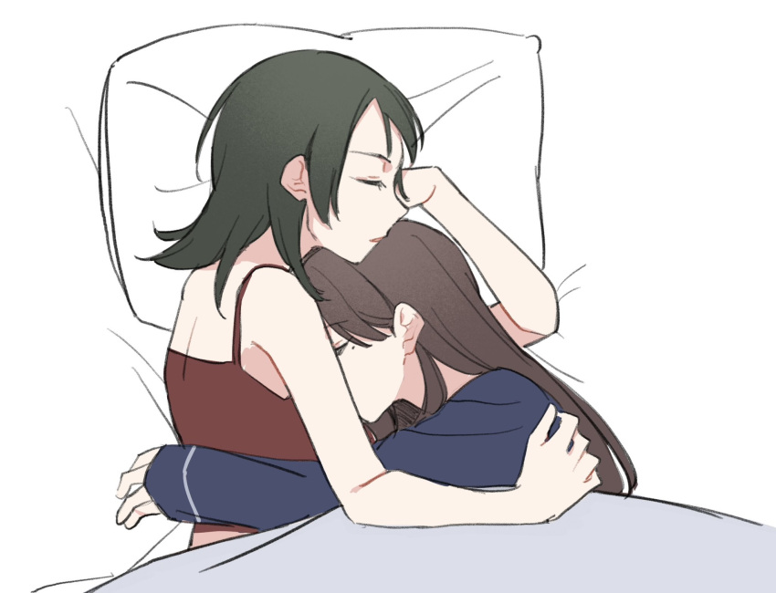 2girls, bang_dream!, bang_dream!_it's_mygo!!!!!, black_hair, blue_shirt, brown_hair, camisole, closed_eyes