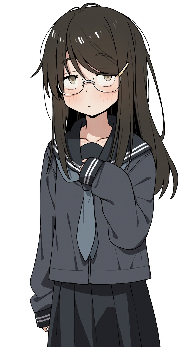 1girl, black_hair, black_serafuku, glasses, highres, itami_sumihito, jimiko, long_hair, messy_hair, original, pleated_skirt, school_uniform, serafuku, simple_background, skirt, sleeves_past_wrists, white_background, yellow_eyes