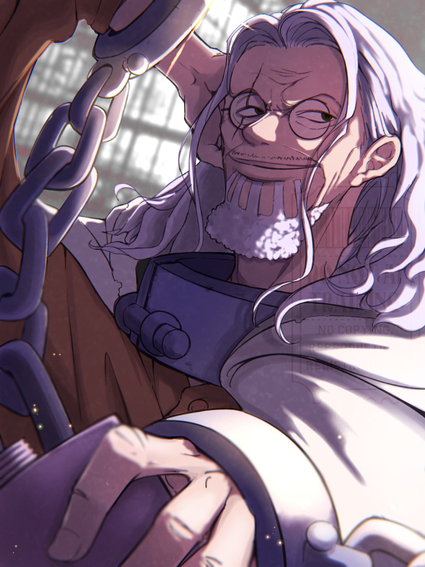 1boy, beard, cuffs, facial_hair, glasses, handcuffs, highres, long_hair