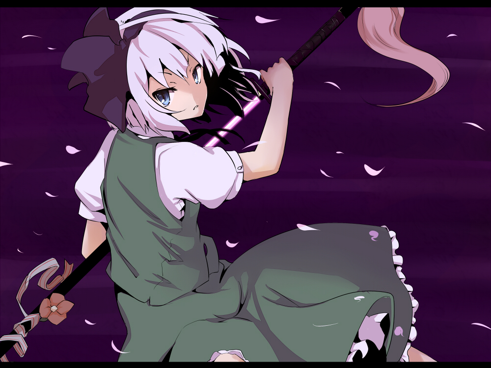 blue_eyes, cherry_blossoms, flower, hairband, katana, katanakko_daisuki, katanako_daisuki, konpaku_youmu