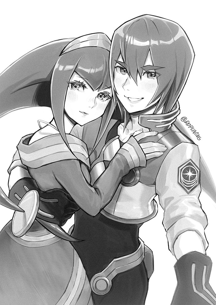1boy, 1girl, a.c._eos_(mega_man), bodysuit, bodysuit_under_clothes, couple, cowboy_shot, cropped_jacket