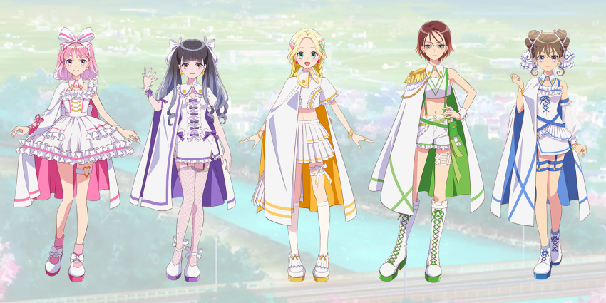 5girls, akagi_yuina, black_hair, blonde_hair, boots, bow, bowtie, braid