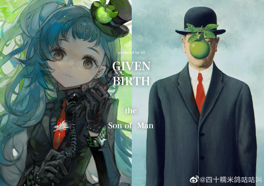 1girl, absurdres, apple, apple_hat_ornament, black_eyes, black_gloves, black_hat, black_jacket