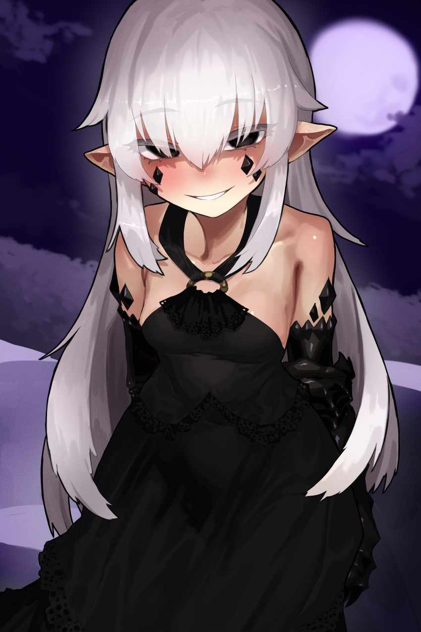 1girl, absurdres, bare_shoulders, black_dress, black_eyes, black_skin, blush, breasts, character_request, claws, colored_skin, commission, dress, ekrea_jan, full_moon, halterneck, highres, long_hair, looking_at_viewer, monster_girl, moon, multicolored_skin, night, original, outdoors, pointy_ears, scales, skeb_commission, sky, small_breasts, smile, tail, two-tone_skin, vrchat, white_hair, witch