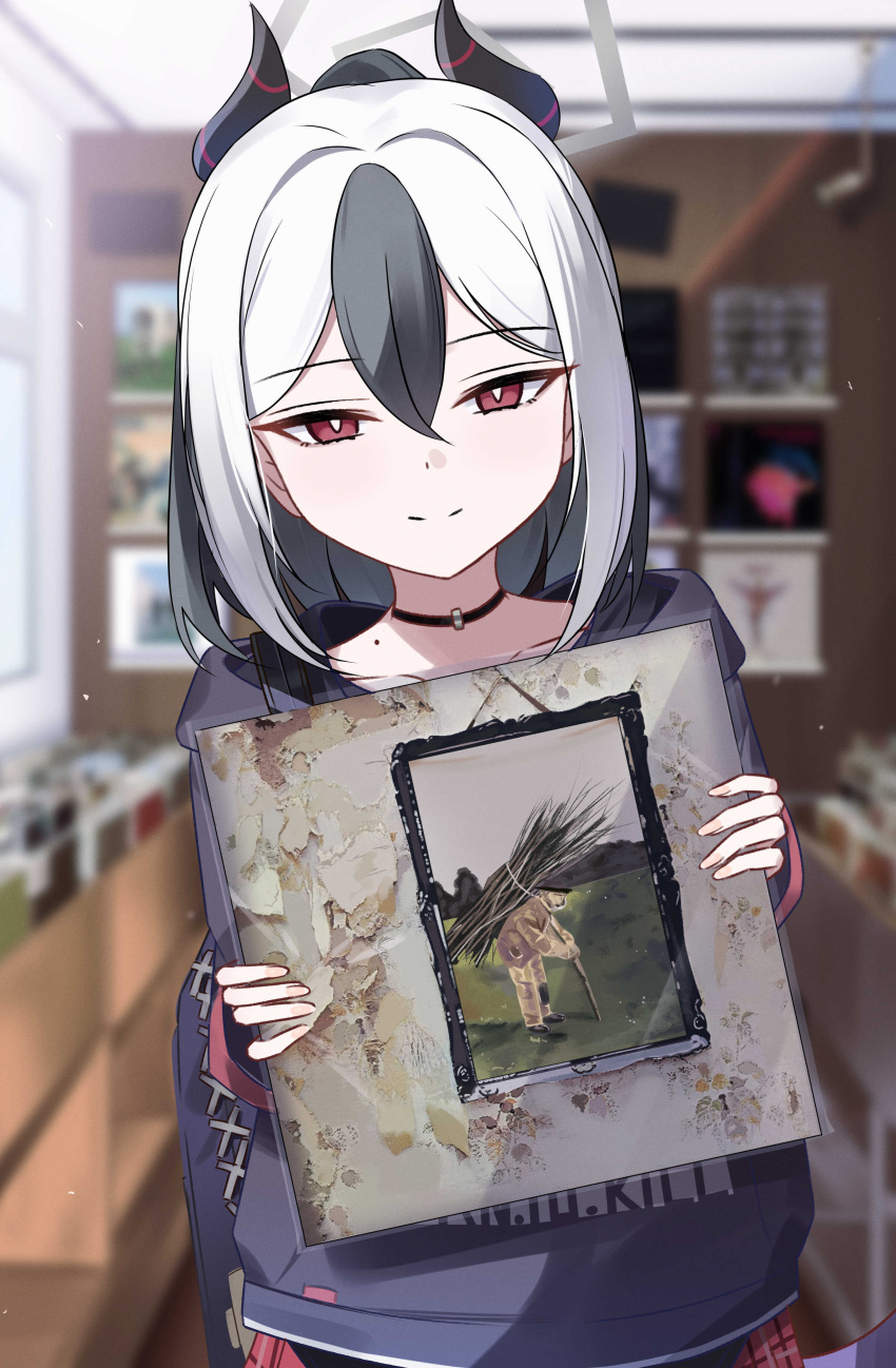 1girl, absurdres, black_choker, black_hair, black_hoodie, blue_archive, blurry, blurry_background