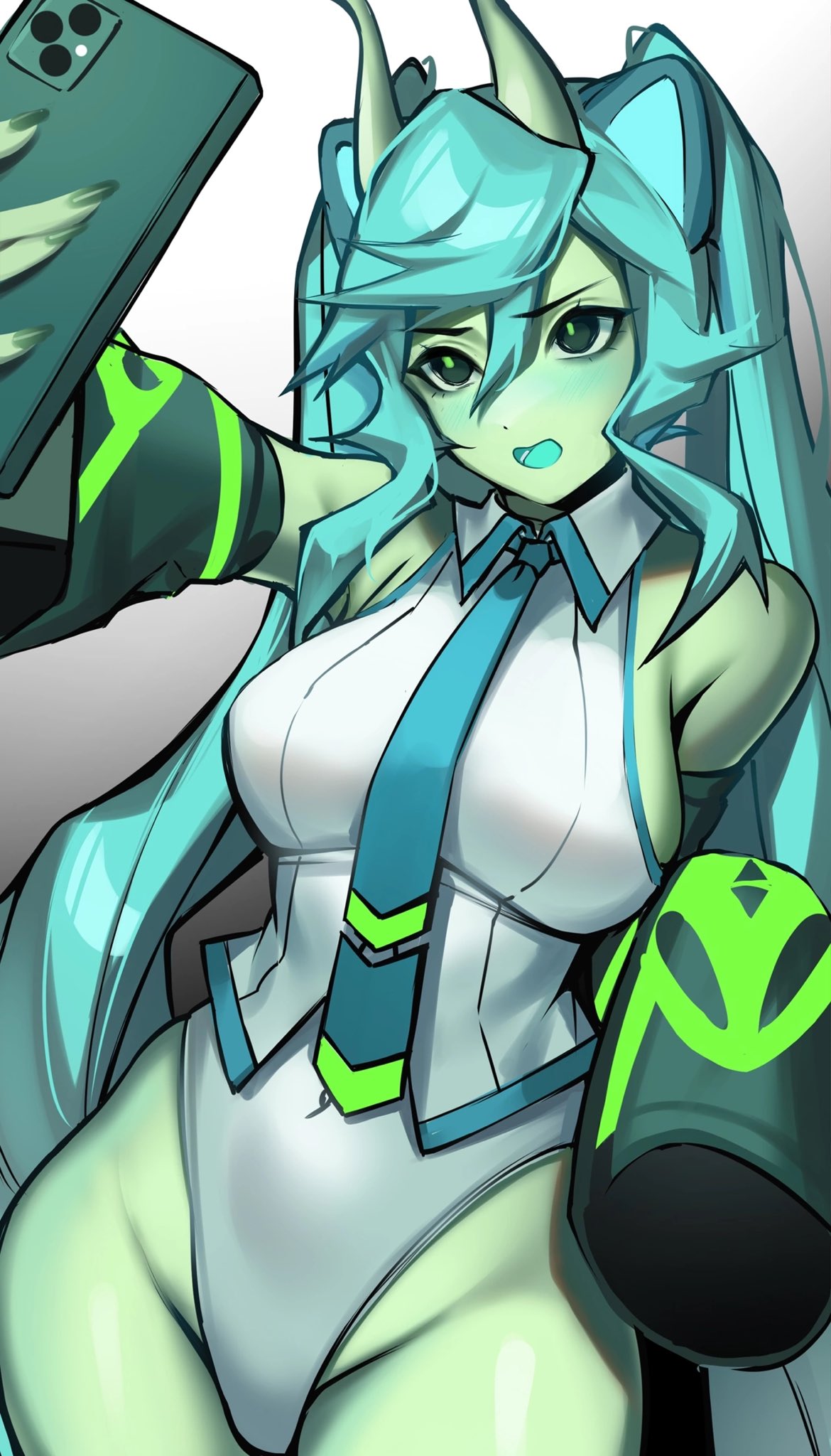 alien, animal_ears, antennae, blush, cat_ears, colored_skin, detached_sleeves, glorpi_miku_(dyarikku), green_skin, hatsune_miku, highres, leotard, necktie, same_chanvt, selfie, sleeves_past_wrists, twintails, vocaloid
