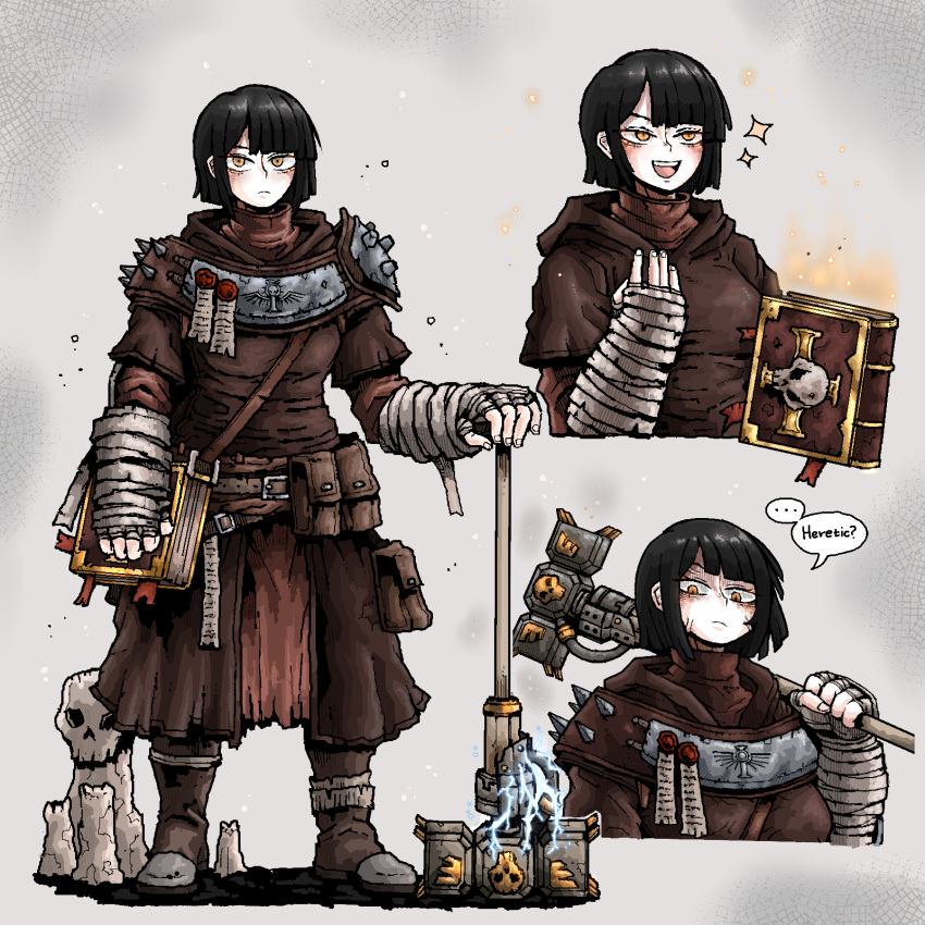 1girl, adeptus_ministorum, arm_wrap, armor, blush, book, candle, english_text