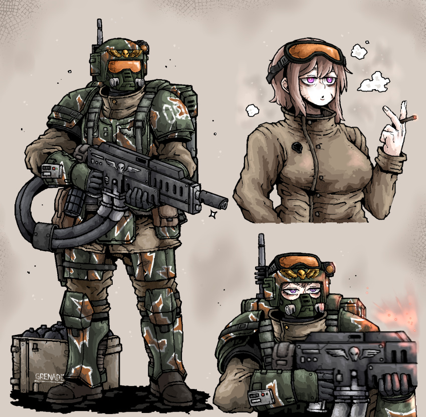 1girl, armor, astra_militarum, backpack, bag, boots, box, breasts