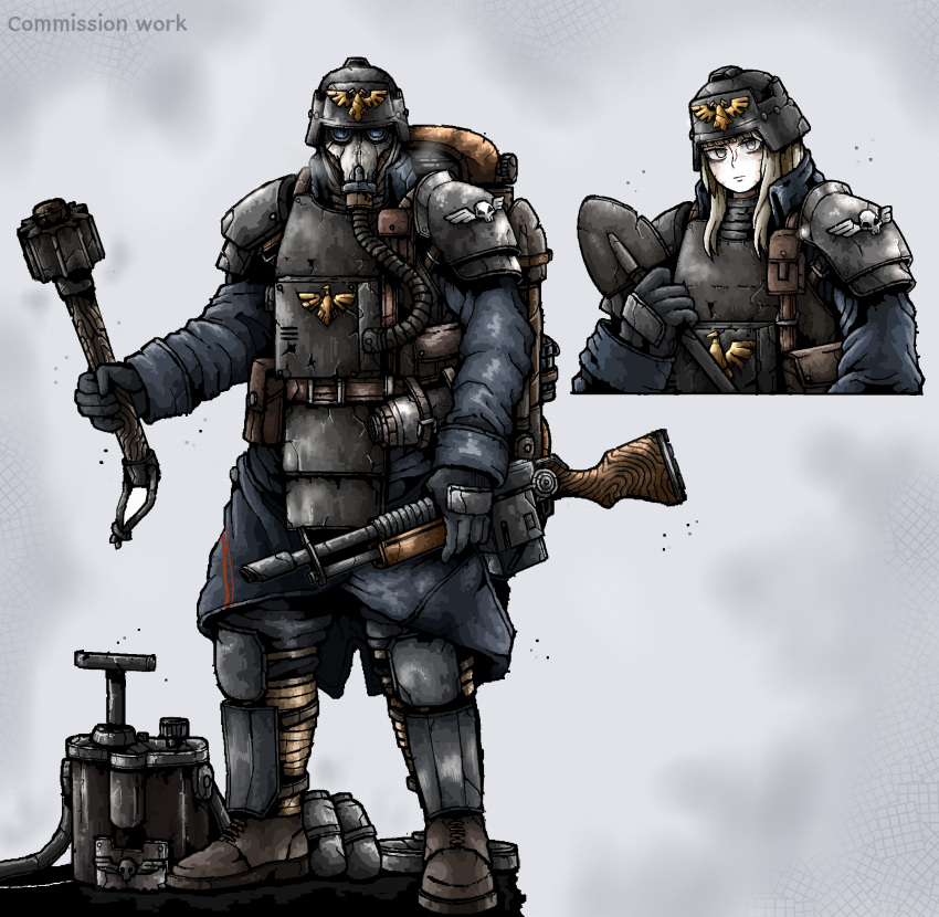 1girl, aquila_(symbol), armor, backpack, bag, blonde_hair, body_armor, death_korps_of_krieg, detonator, gloves, helmet, highres, imperium_of_man, lasgun, looking_at_viewer, multiple_views, octosoup, sapper, shin_guards, shoulder_armor, shovel, soldier, solo, stick_grenade, warhammer_40k