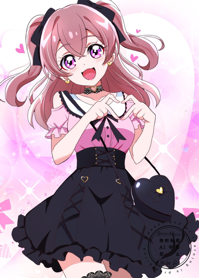 1girl, 4-finger_heart_hands, alternate_costume, bag, black_bag, black_bow, black_choker, black_skirt