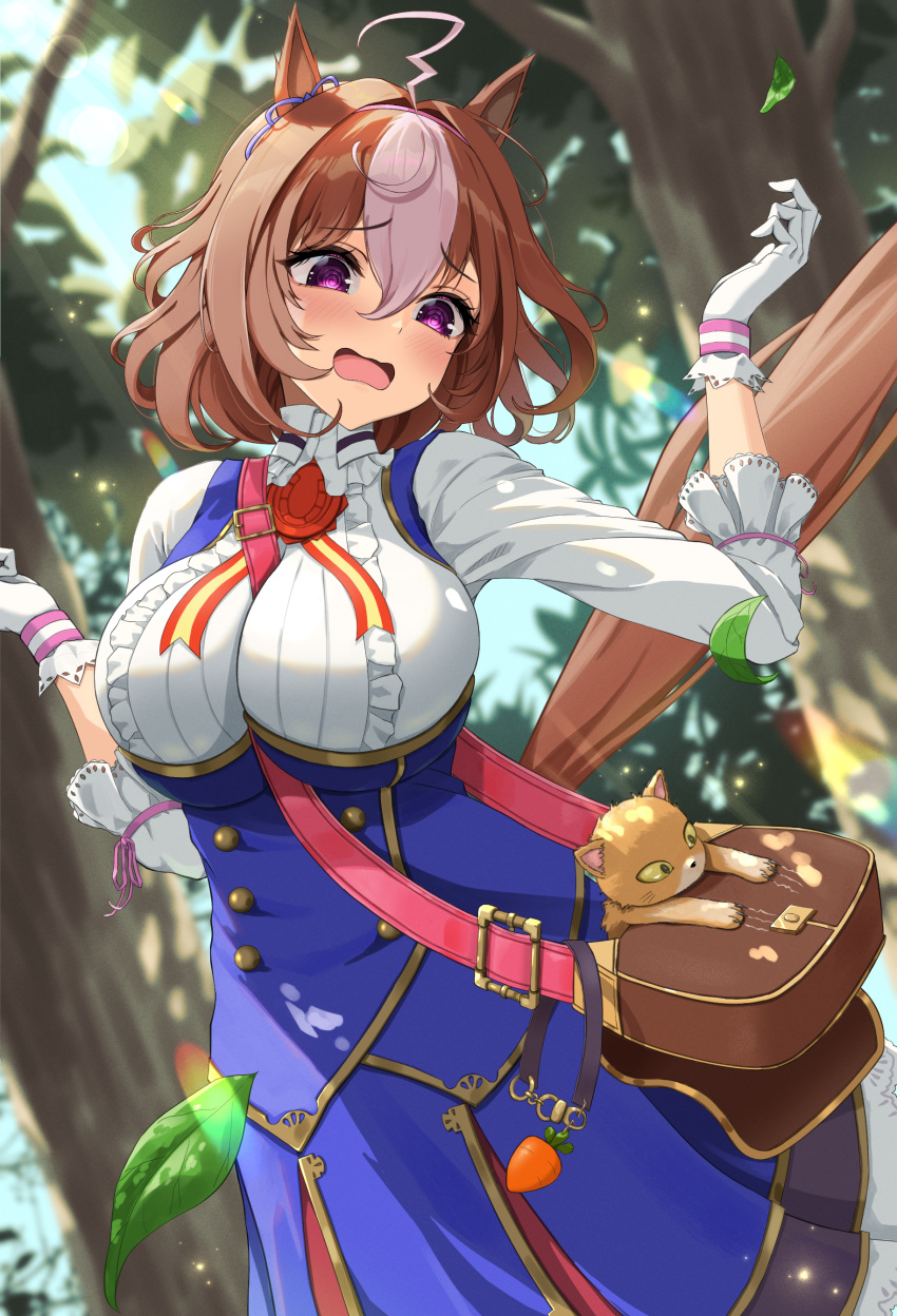 1girl, @_@, absurdres, ahoge, animal_ears, azuki_(azuki_azukki), bag, between_breasts