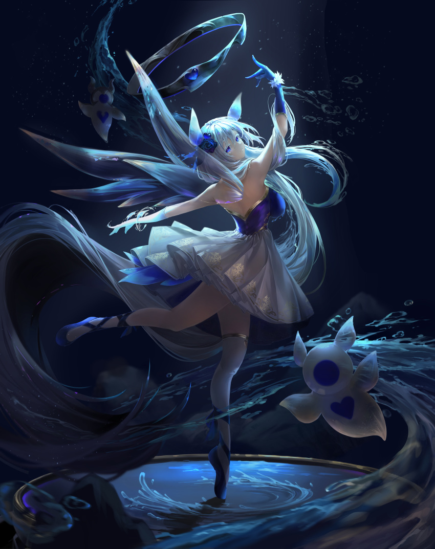 1girl, absurdres, alternate_costume, arbiter_the_lovers_vi_(azur_lane), asymmetrical_legwear, azur_lane, ballet, bare_shoulders, birds-mix, blue_eyes, blue_flower, blue_gloves, blue_hair, breasts, commentary_request, dancing, dress, flower, from_side, full_body, gloves, hair_flower, hair_ornament, halo, heart, highres, long_hair, looking_at_viewer, looking_back, medium_breasts, pleated_dress, single_bare_leg, single_thighhigh, siren_(azur_lane), solo, splashing, standing, standing_on_liquid, standing_on_one_leg, strapless, strapless_dress, tears, thigh-highs, tiptoes, very_long_hair, water, white_hair, wings