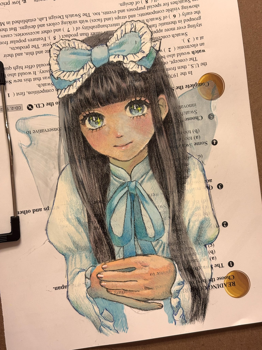 1girl, alternate_eye_color, blue_bow, blue_ribbon, blunt_bangs, blush, bow, brown_hair