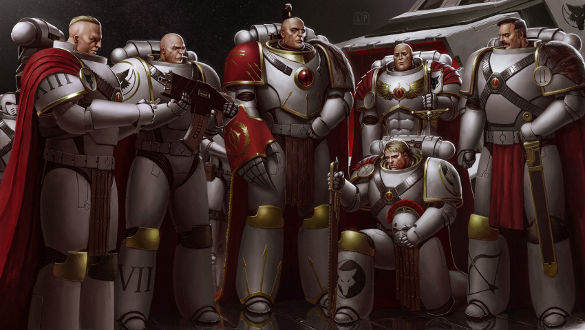 6+boys, adeptus_astartes, arhpriest, armor, arrow_(symbol), bald, blonde_hair, bolter
