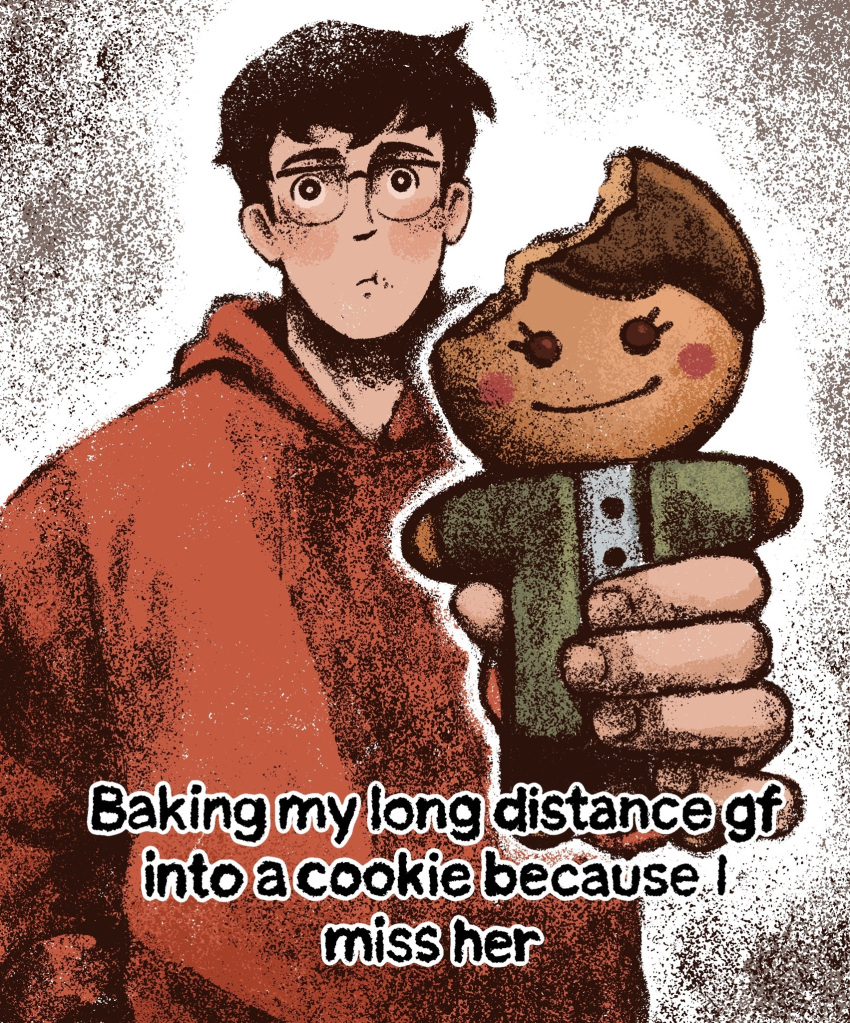 1boy, :t, baking_my_long_distance_bf_into_a_cookie_because_i_miss_him_(meme), bite_mark, black_eyes, black_hair, blush_stickers, character-themed_food