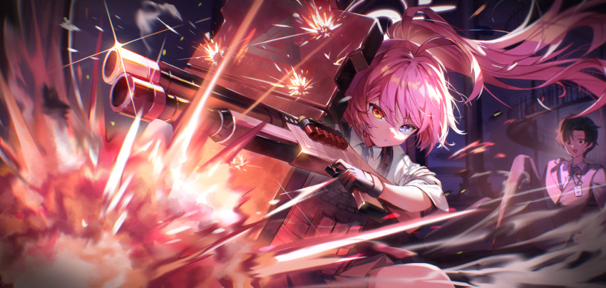 1boy, 1girl, blue_archive, blue_eyes, gun, heterochromia, highres, holding, holding_shield, hoshino_(armed)_(blue_archive), hoshino_(blue_archive), long_hair, looking_at_viewer, official_alternate_costume, official_alternate_hairstyle, pink_hair, ponytail, ppot, sensei_(blue_archive), sensei_(blue_archive_the_animation), shield, shotgun, weapon, yellow_eyes