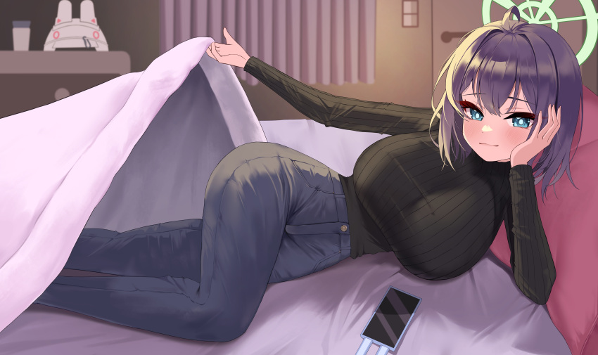 1girl, 82jhin, absurdres, ass, black_sweater, blue_archive, blue_pants, breasts