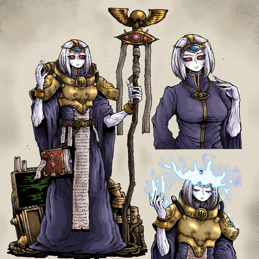 1girl, adeptus_astra_telepathica, armor, book, breastplate, cassia_orsellio, colored_sclera, colored_veins, energy, fingernails, full_body, grimoire, headdress, highres, holding, holding_staff, multiple_views, octosoup, pale_skin, psyker, purity_seal, purple_robe, red_eyes, red_sclera, robe, sharp_fingernails, shoulder_armor, solo, staff, veins, warhammer_40k