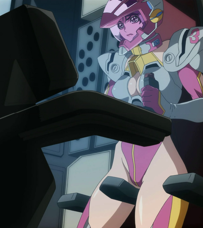 breasts, cleavage, cockpit, helmet, highres, kobayashi_aya, leotard, pilot_suit, screencap, stitched, super_robot_wars, super_robot_wars_original_generation, thigh-highs, thighhighs