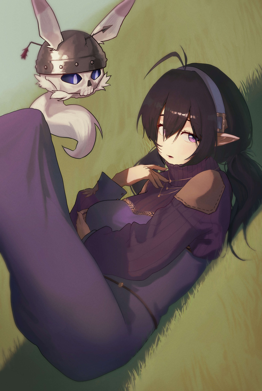 1girl, 1other, absurdres, animal_ears, antenna_hair, arm_under_breasts, arrow_(projectile), arrow_in_body