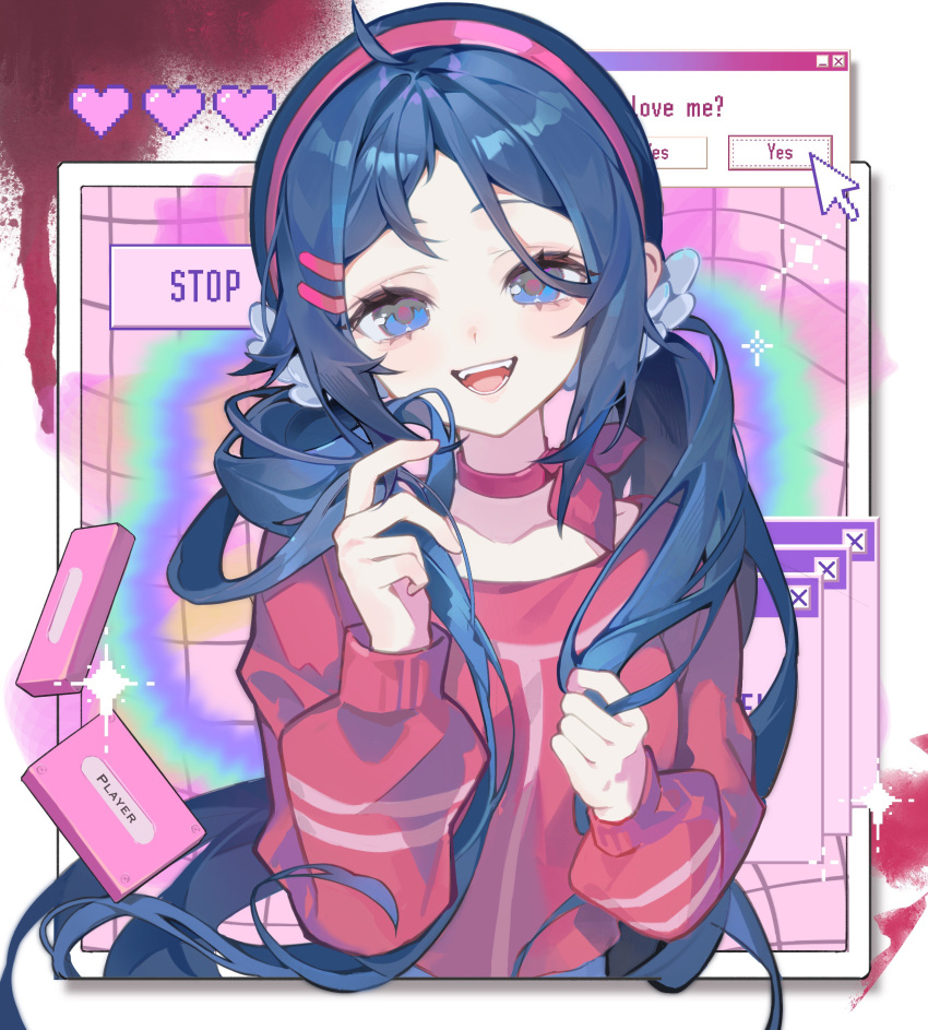 1girl, :d, absurdres, ahoge, blood, blood_splatter, blue_eyes, blue_hair
