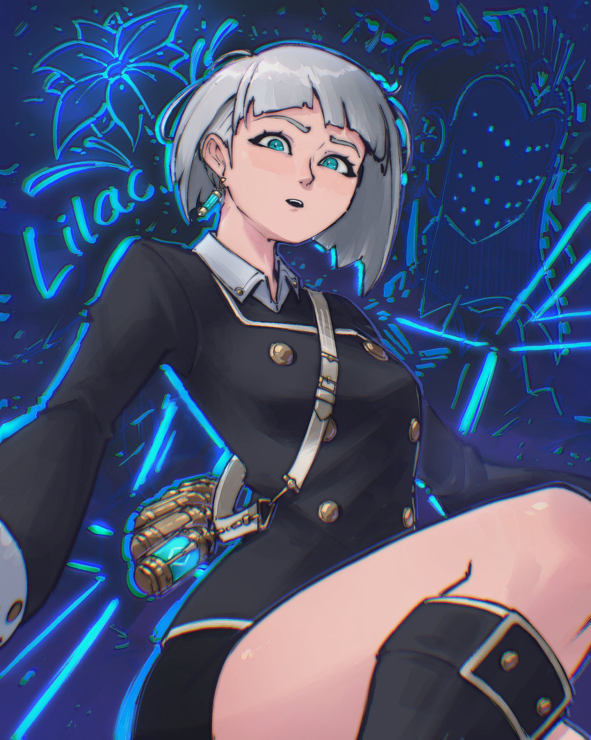 android, belt, black_footwear, black_jacket, black_shorts, blue_background, blue_eyes, bob_cut