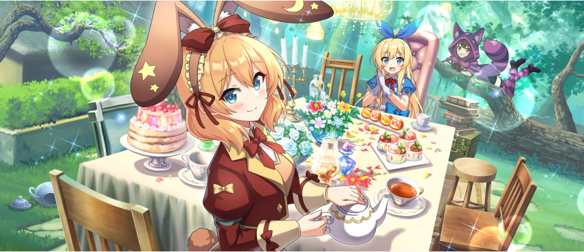 3girls, :d, alice_(alice_in_wonderland), alice_(alice_in_wonderland)_(cosplay), animal_ear_hairband, animal_ears, animal_hood, ankle_boots