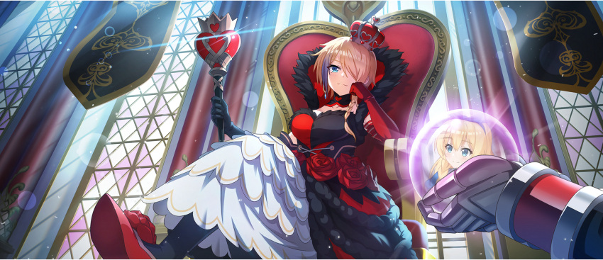 1other, 2girls, alice_(alice_in_wonderland), alice_(alice_in_wonderland)_(cosplay), arched_crown, asymmetrical_gloves, banner, black_collar