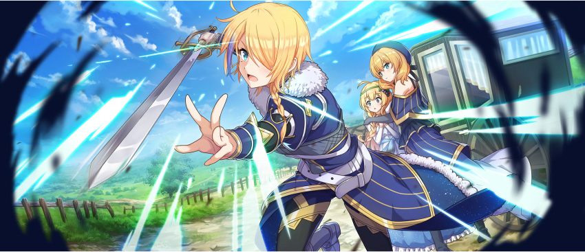 3girls, :o, ahoge, armored_boots, armpit_crease, attack, belt, beret