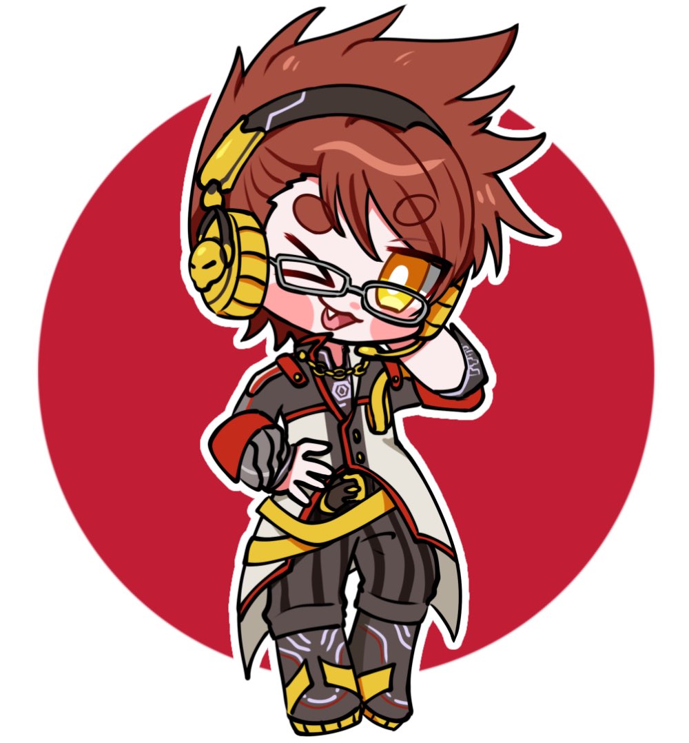 >_o, 1boy, :3, belt, big_al, big_al_(e-capsule), black_coat, black_footwear, black_pants, blush_stickers, bright_pupils, brown_hair, buttons, chain, chain_necklace, coat, fang, gold_chain, hand_on_own_cheek, hand_on_own_face, hand_on_own_hip, headphones, jewelry, male_focus, necklace, one_eye_closed, open_mouth, outline, pants, red_trim, solo, togase_ameko, vocaloid, white_outline, white_pupils, yellow_belt, yellow_eyes