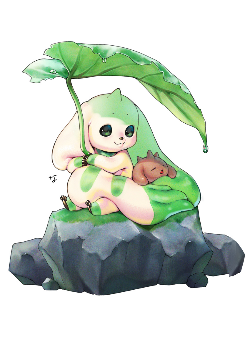 chocomon, closed_eyes, commentary_request, digimon, digimon_(creature), fang, full_body, giant_leaf